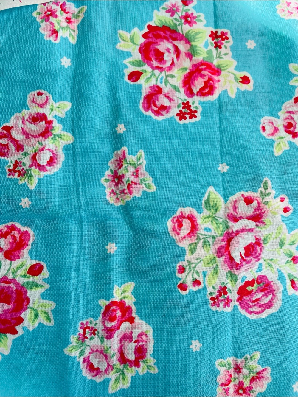 1y x 44" Bold Floral Cotton Fabric Turquoise Pink Rose Pattern NOS